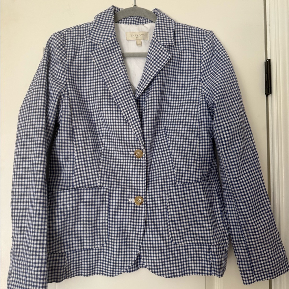 Talbots Navy White Checkered Gingham Lightweight Linen Cotton Blazer Preppy